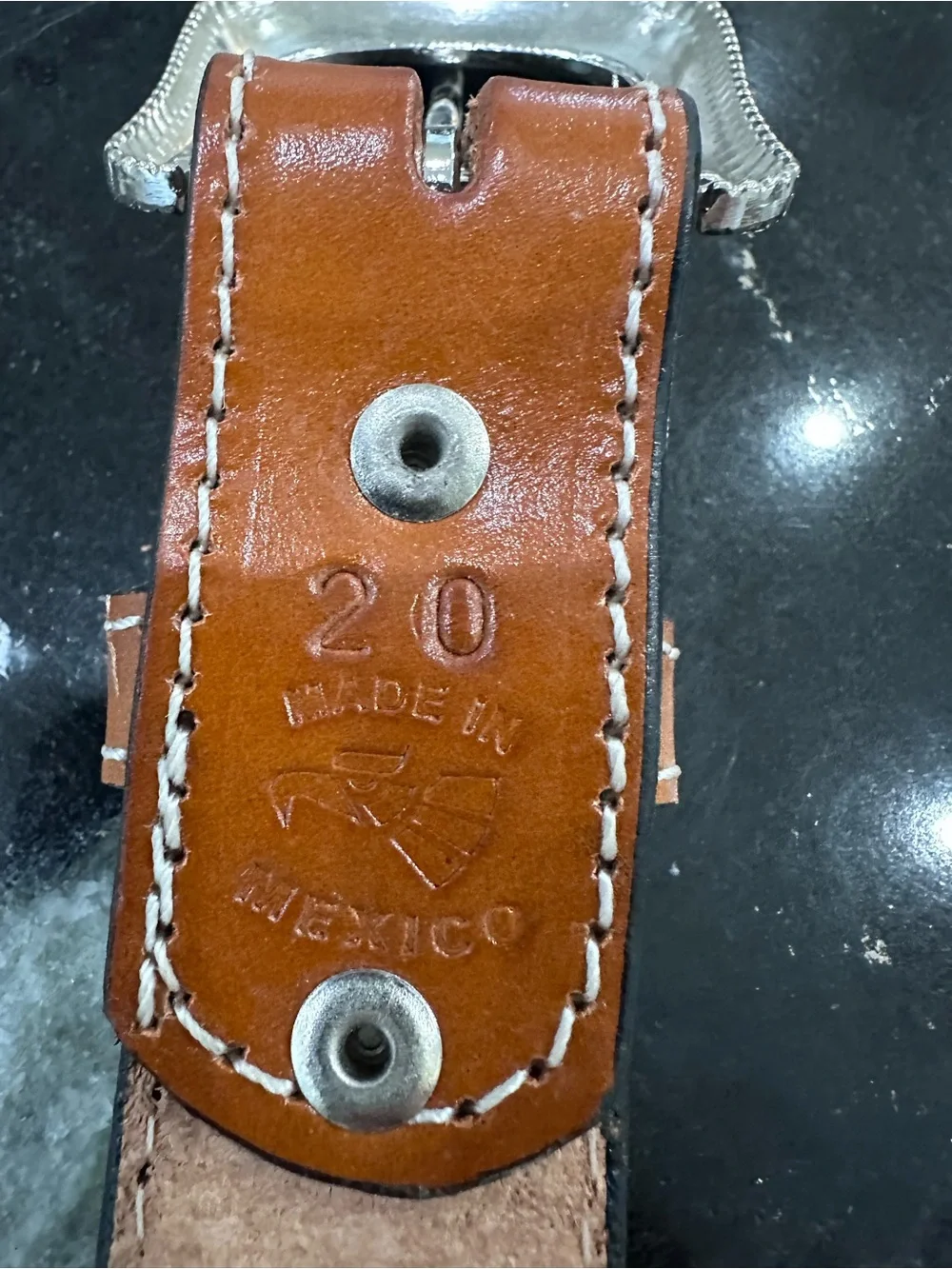 Tooled Brown Belt with Engraved Silver Buckle